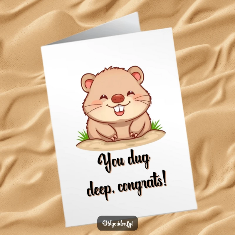 Funny Free Printable Wombat Congratulations Card: Happy wombat burrowing with excitement for big news.