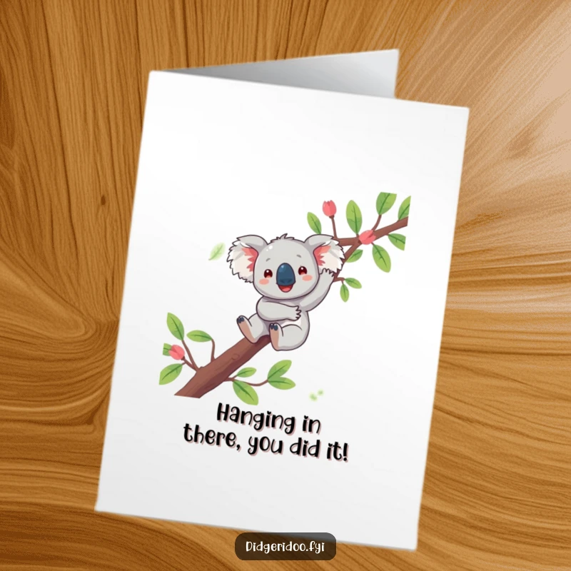 Funny Free Printable Congratulations Card: a playful koala dangling from a branch, celebrating your achievement with a relaxed vibe.