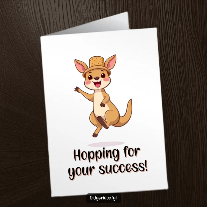 Funny Free Printable Congratulations Card showing a joyful kangaroo in a cork hat jumping high, celebrating success with Aussie flair.