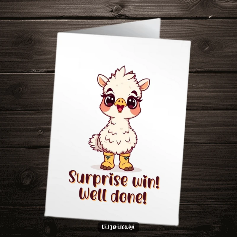 Funny Free Printable Congratulations Card: A surprised emu in tiny boots, looking up, symbolizing an unexpected and delightful victory.