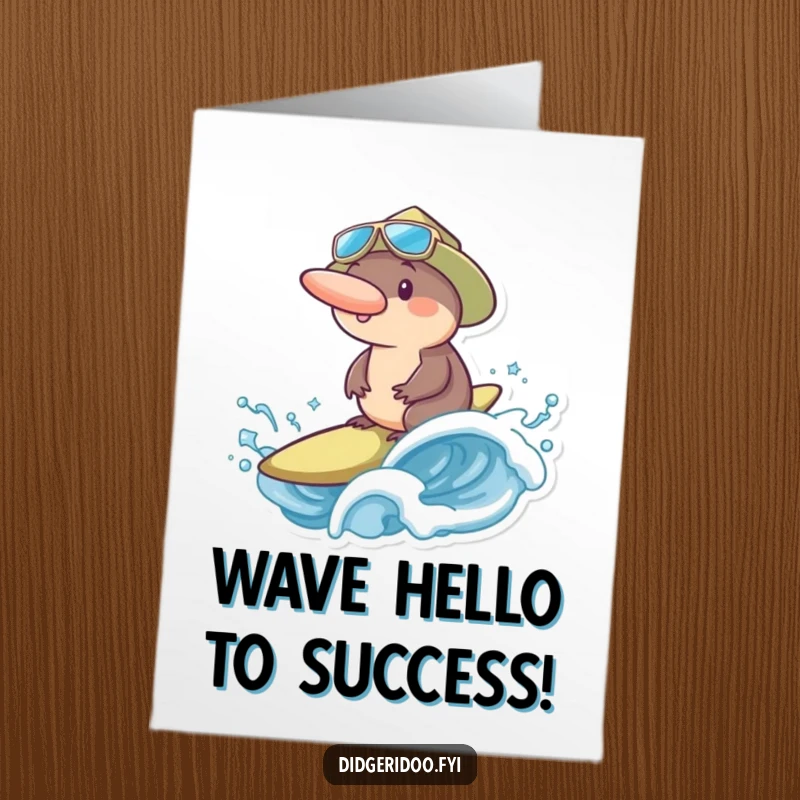 Funny Free Printable congratulations card showing a platypus in a surf hat conquering a wave, celebrating success with style.