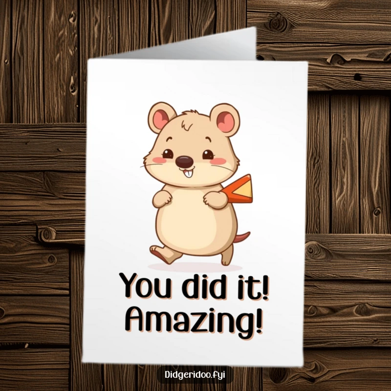 Funny Free Printable Congratulations Card showing a cheerful wombat waddling with a smile and a tiny boomerang. Joyful downloadable art.