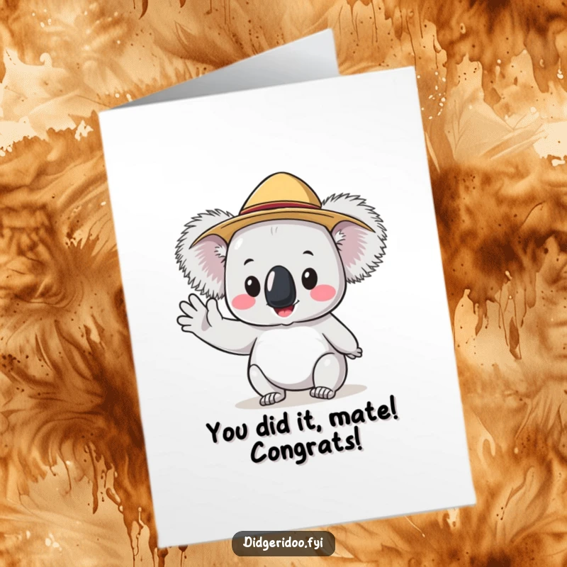 Funny Free Printable Congratulations Card: A happy Koala in a small Akubra hat, giving a friendly wave.