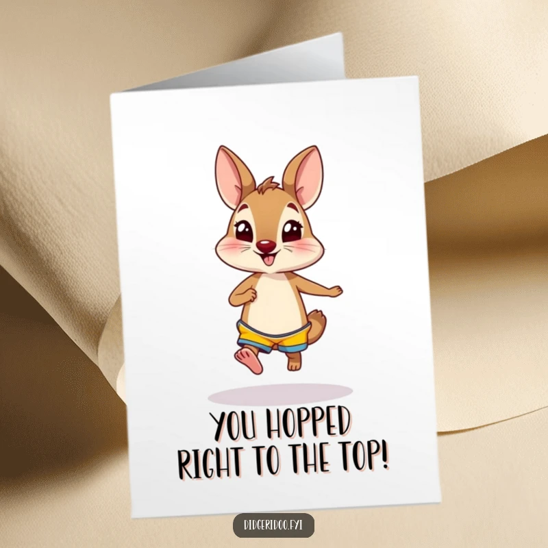 Free Printable Congratulations Card: Wallaby in bright shorts hopping, celebrating success.