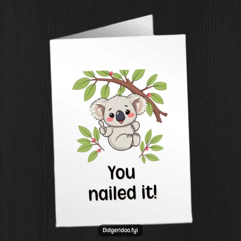 Adorable free printable congratulations card showing a blushing koala offering a big thumbs up from its eucalyptus perch.