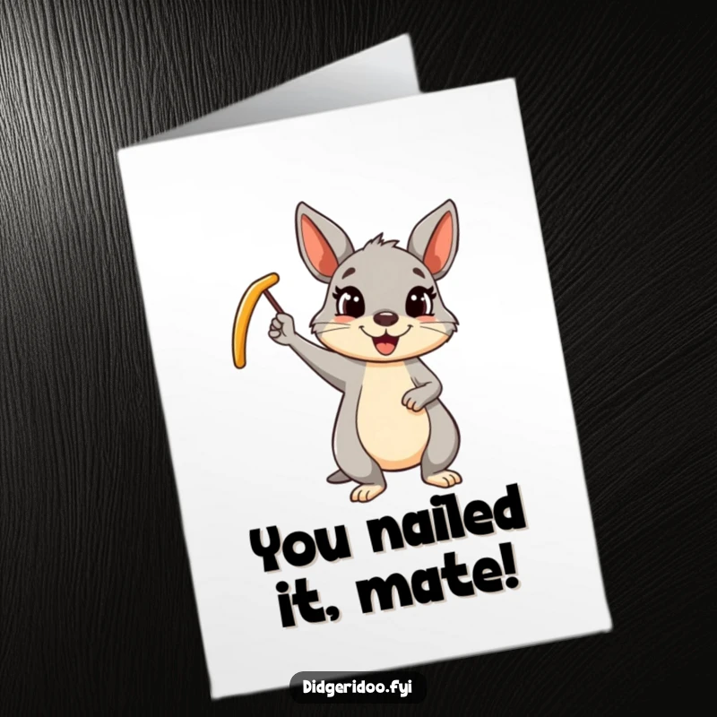 Funny Free Printable Congratulations Card: A wallaby cheerfully waving a boomerang, symbolizing a successful return or achievement.