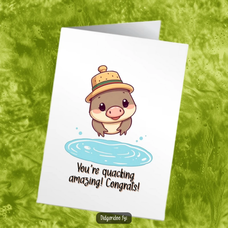 Funny Free Printable Congratulations Card showing a curious platypus with a cork hat diving into water. Unique downloadable art.