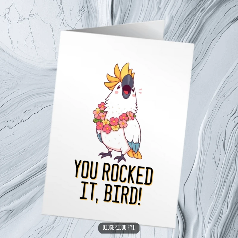 Funny Free Printable Cockatoo Congratulations Card: Proud cockatoo in lei sings with tropical joy. Downloadable for festive greetings.