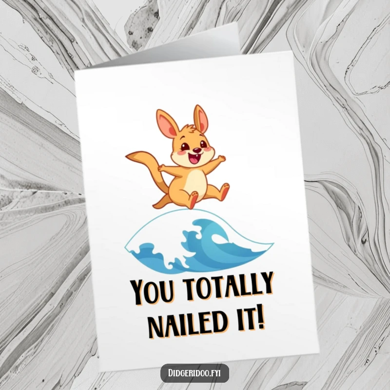 Funny Free Printable Congratulations Card: Joyful Wallaby Leaping High Over a Stylized Wave, Full of Excitement