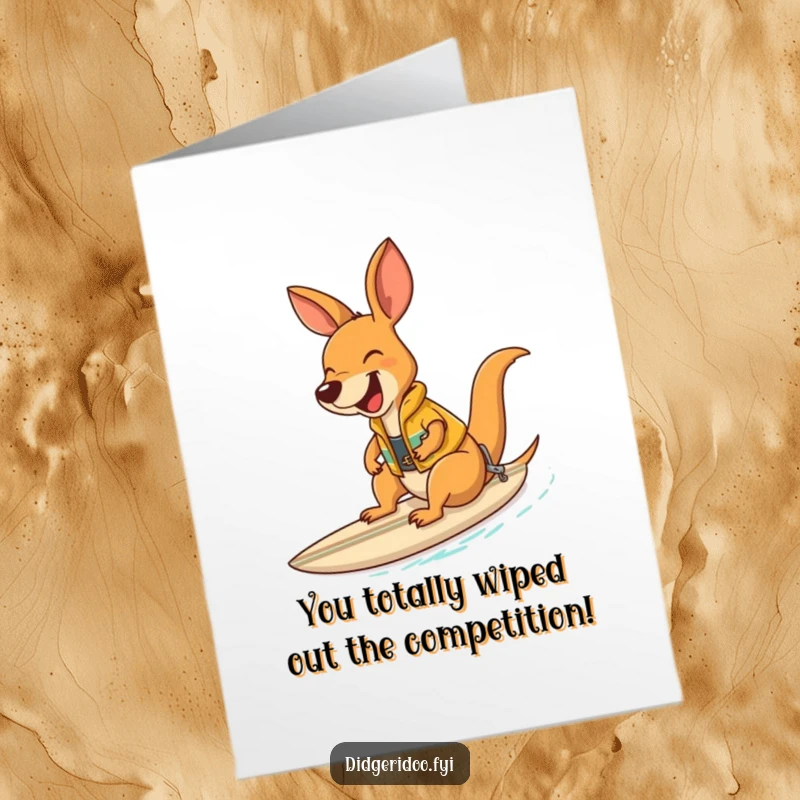 Funny Free Printable Congratulations Card featuring a laughing kangaroo in a surf vest riding a surfboard.