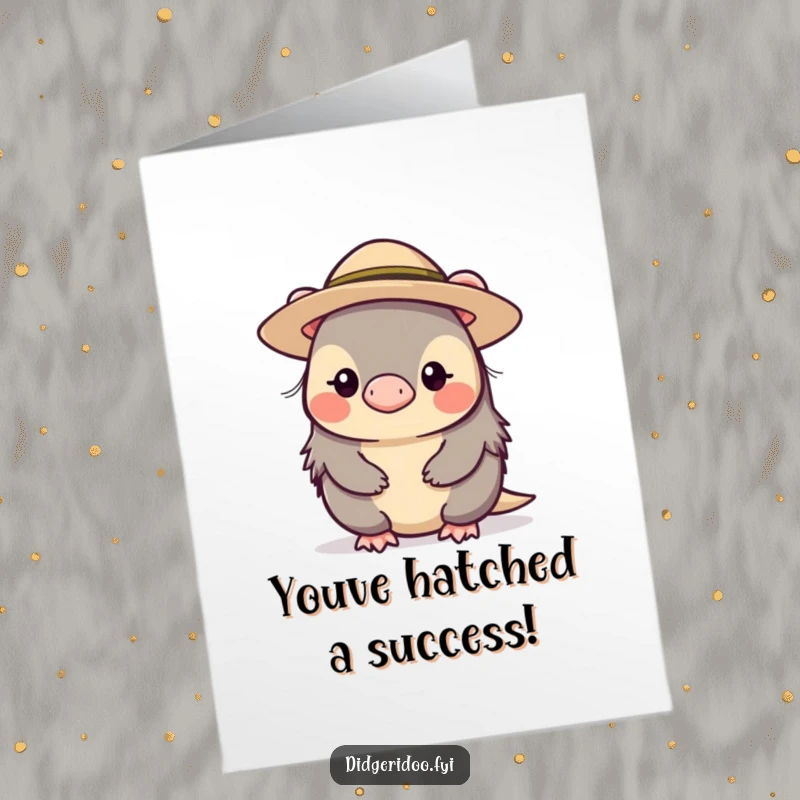 Funny Free Printable Congratulations Card showcasing a shy platypus in a wide-brimmed hat, offering quiet congratulations.