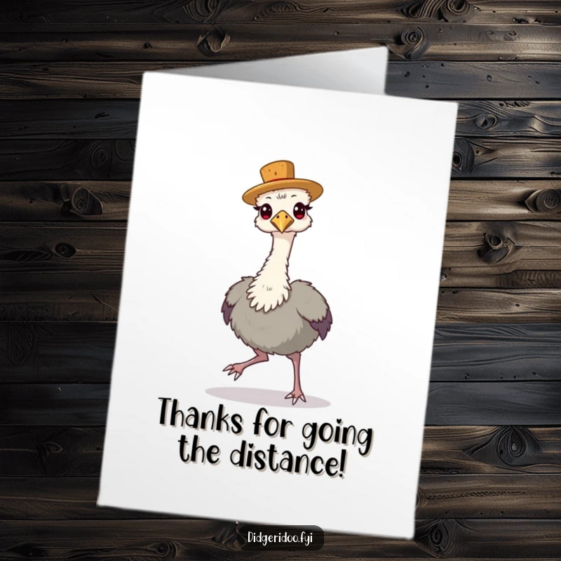Funny Free Printable Thank You Card: A proud emu in a cork hat struts confidently, offering a comical thank you.