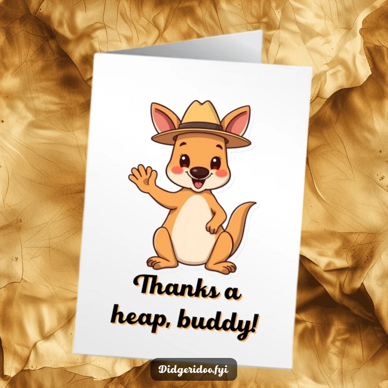 Funny Free Printable Thank You Card: A happy kangaroo in a tiny Akubra hat waves a friendly thank you.
