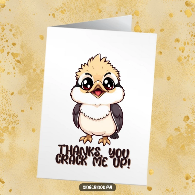 Funny Free Printable Thank You Card: A grinning kookaburra with wide eyes looks up, sending thanks with a chuckle.