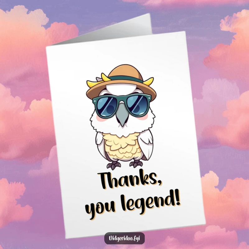 Funny free printable thank you card featuring a cheerful cockatoo in sunglasses and an Akubra.