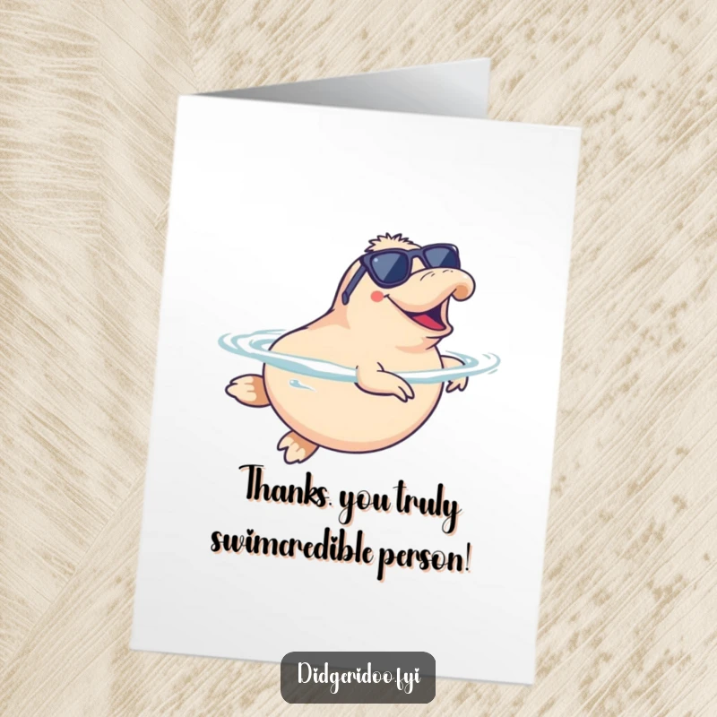 Funny Free Printable Thank You Card: A platypus in sunglasses doing a happy synchronized swim.