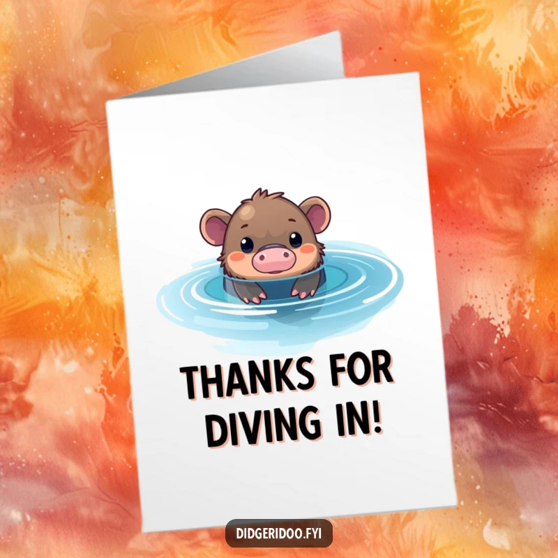 Cute free printable thank you card of a curious platypus peeking from a shimmering blue pool, a unique way to express thanks.