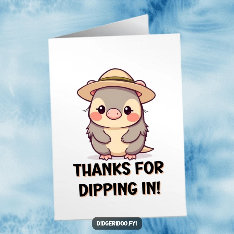 Funny Free Printable Thank You Card depicting a shy platypus wearing a small hat, conveying thanks with quiet elegance.
