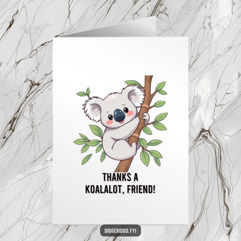 Funny Free Printable Thank You Card featuring a happy koala clinging contentedly to a eucalyptus branch.