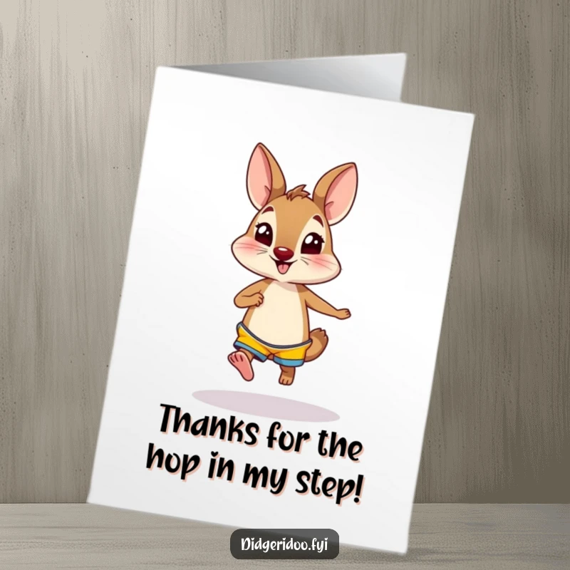 Funny Free Printable Thank You Card: Wallaby in shorts hopping excitedly, expressing thanks.