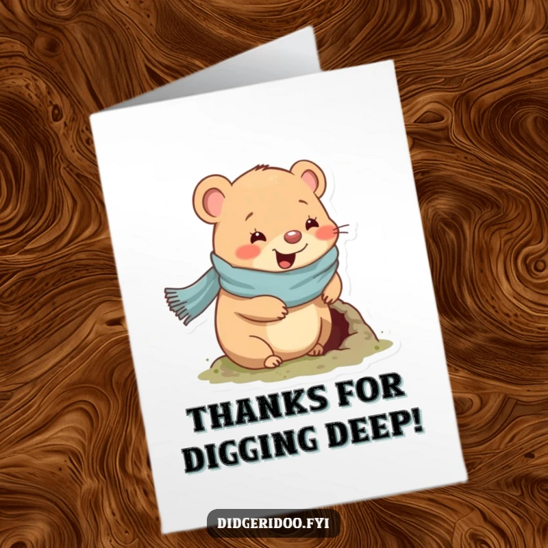 Funny Free Printable Wombat Thank You Card: Happy wombat in scarf digs a small hole to say thanks.