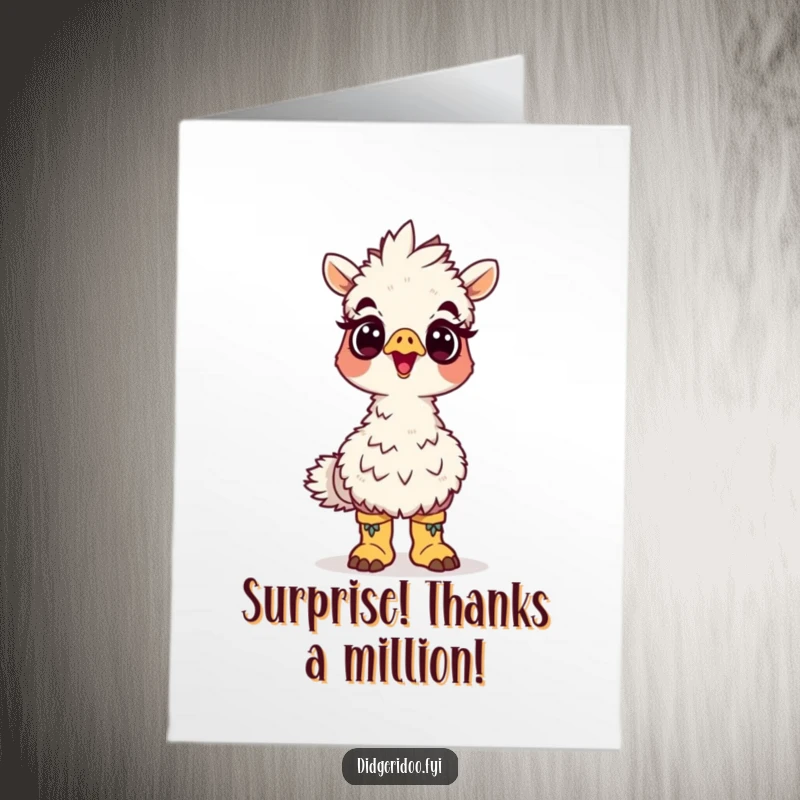 Funny Free Printable Thank You Card: A surprised emu wearing tiny boots, looking up with wide eyes, conveying sincere thanks.