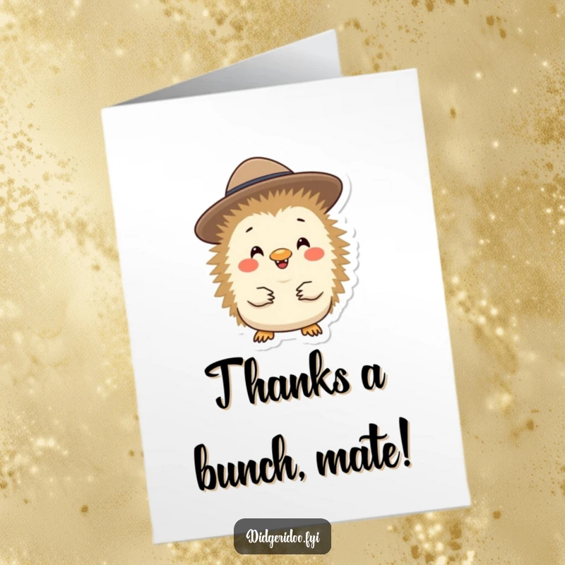 Funny Free Printable Thank You Card featuring a cheerful echidna in an Akubra hat, expressing thanks with a dapper look.