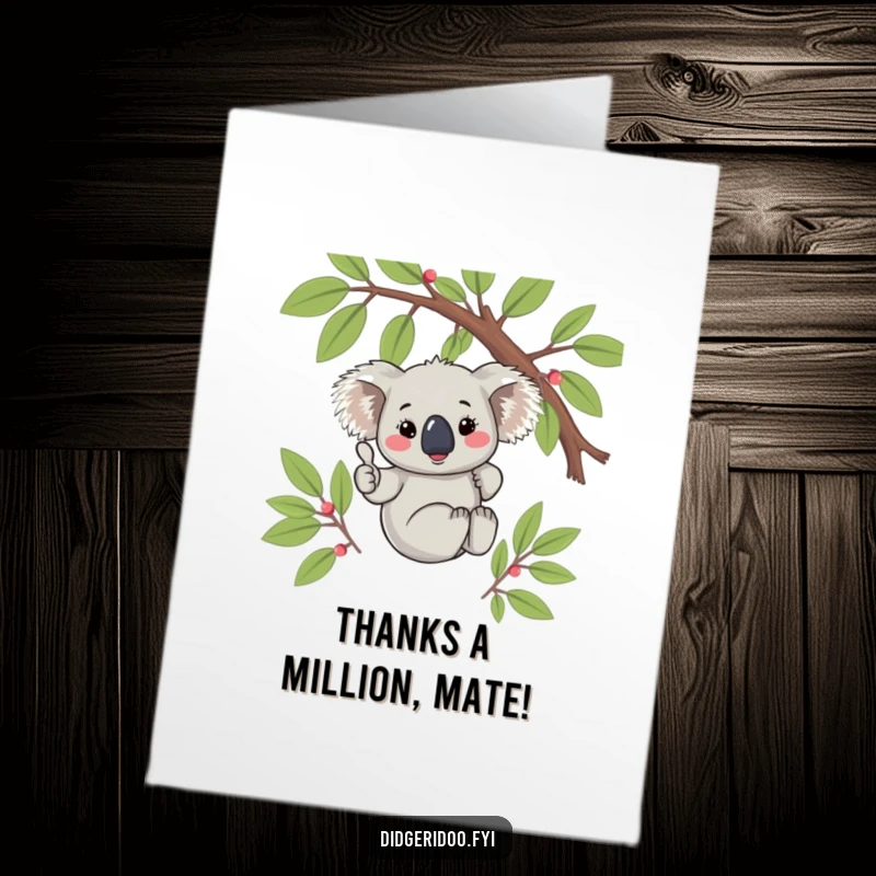Cute free printable thank you card of a blushing koala on a branch giving a positive thumbs up for your kindness.