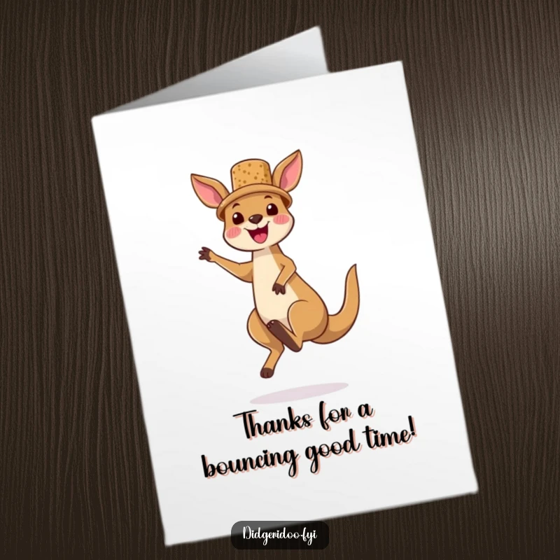 Funny Free Printable Thank You Card of a joyful kangaroo wearing a cork hat, jumping high to show appreciation.