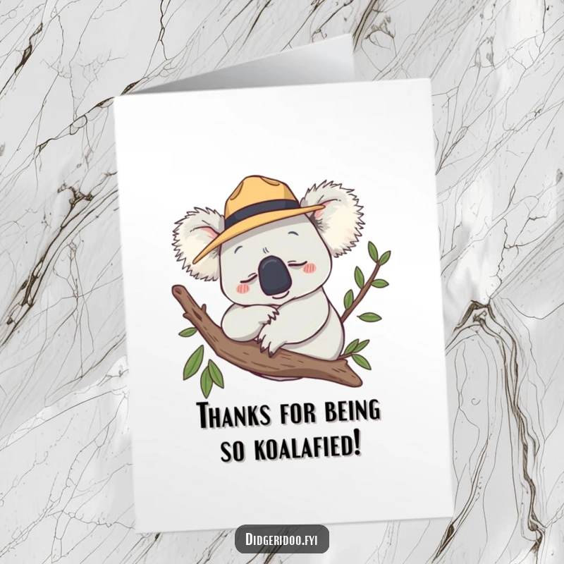 Funny Free Printable Thank You Card: A koala in an Akubra hat snoozing on a branch, perfect for a chill thank you message.
