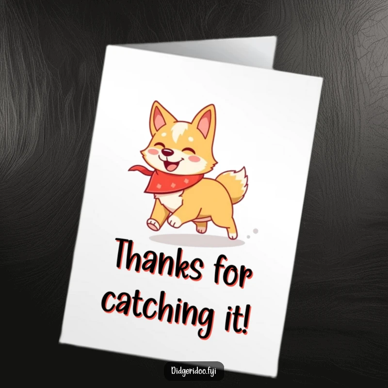 Funny Free Printable Dingo Thank You Card: Happy dingo wearing a bandana chases its shadow with glee.