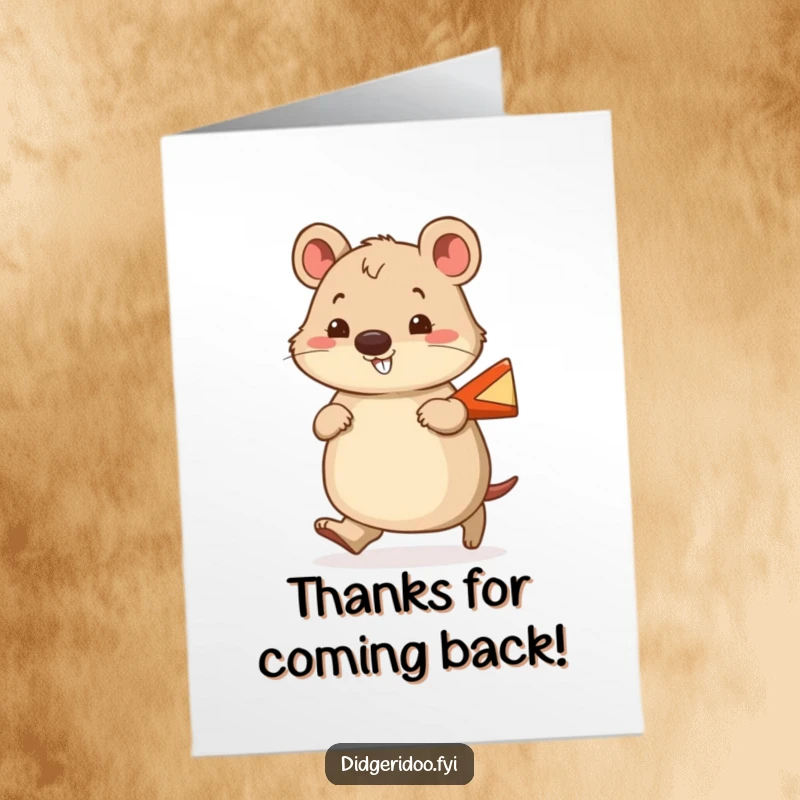 Funny Free Printable Thank You Card of a cheerful wombat waddling with a smile and a tiny boomerang. Sweet downloadable art.
