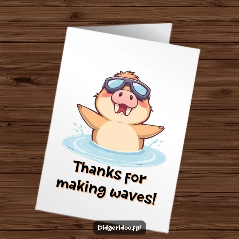 Funny Free Printable Thank You Card: A delighted platypus in goggles swims with gusto, offering a comical thank you splash.