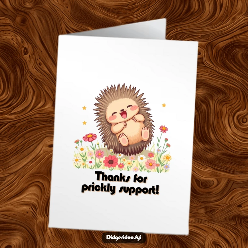 Cute free printable thank you card of a playful echidna happily rolling in a field of bright wildflowers, sending thanks.