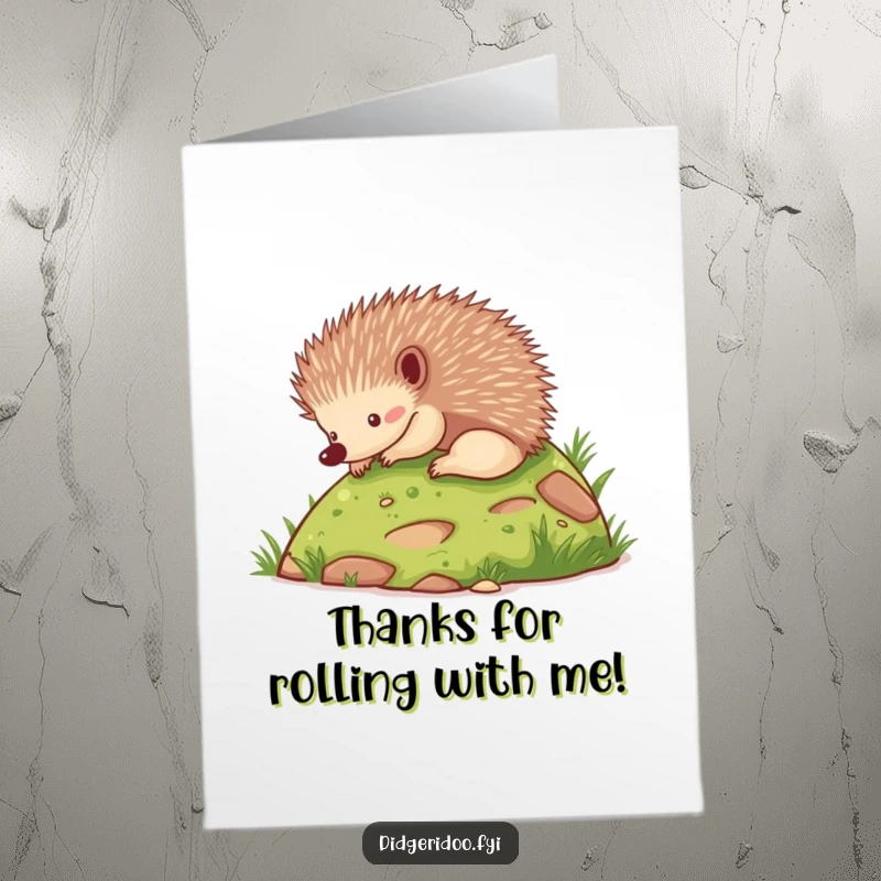 Funny Free Printable Thank You Card: A cute echidna character rolling playfully down a hill, sending thanks.