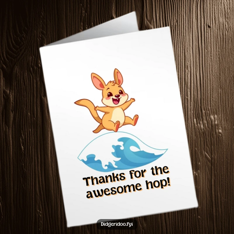 Funny Free Printable Thank You Card: Energetic Wallaby Jumping Over a Stylized Wave, Showing Gratitude