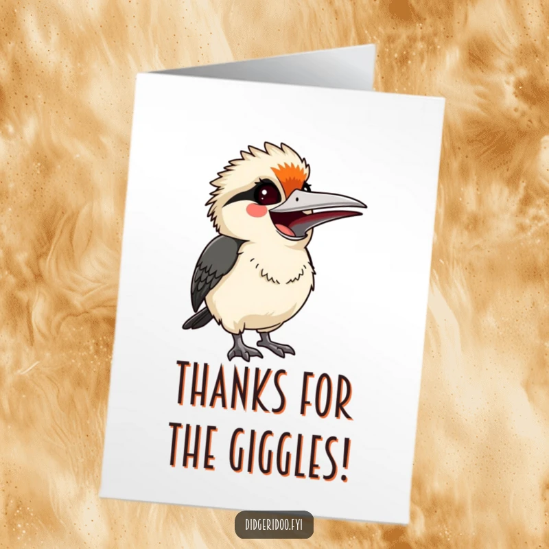 Funny Free Printable Thank You Card: Startled kookaburra smiles while letting out a happy laugh.