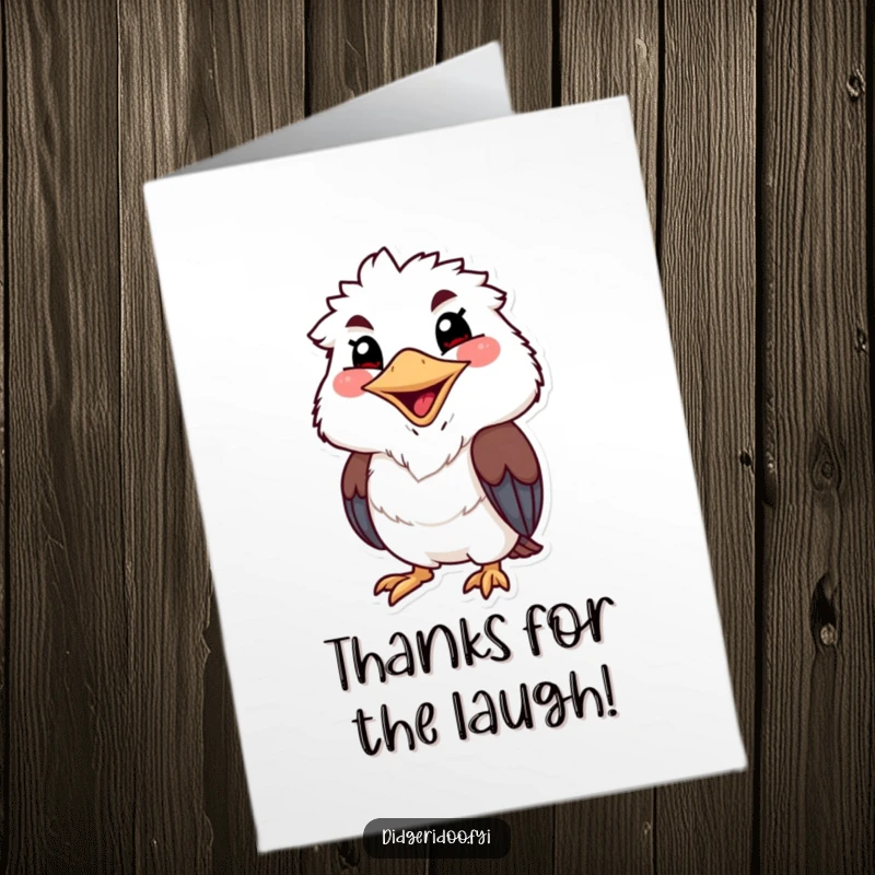 Funny Free Printable Thank You Card: a kookaburra character with a wide, cheerful beak, about to erupt in laughter.