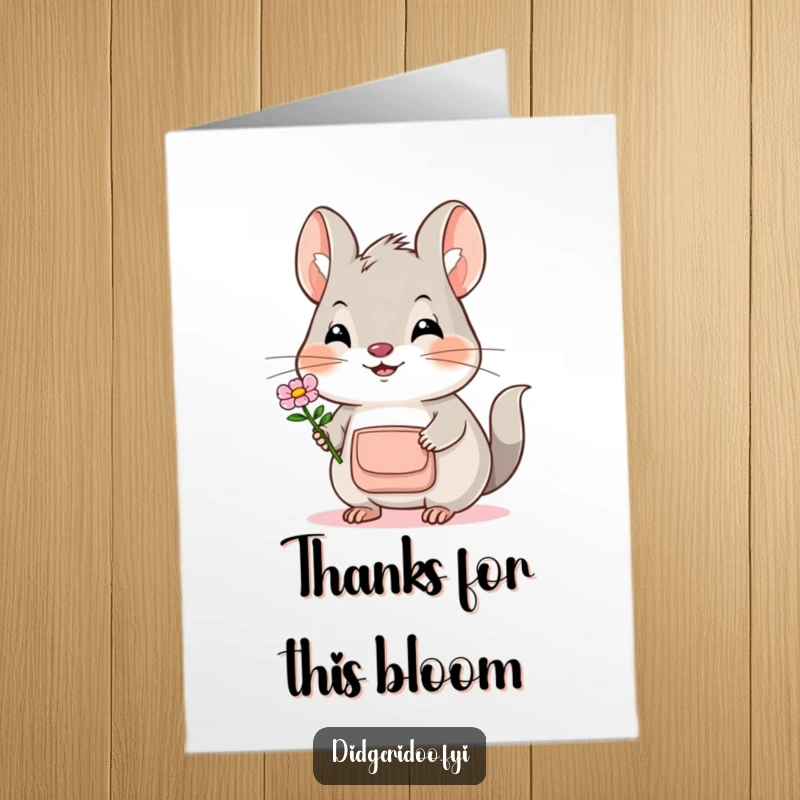 Funny Free Printable Bilby Thank You Card: Smiling bilby offers a flower, conveying thanks. Cute DIY downloadable card.