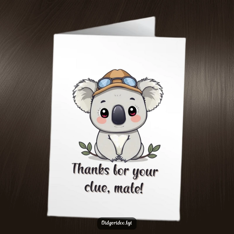 Funny free printable thank you card with a koala in a detective hat peeking out, expressing thanks with curiosity.
