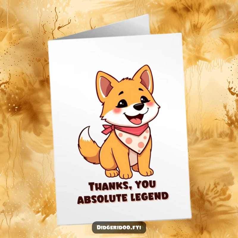 Funny Free Printable Thank You Card of a delighted dingo wearing a bandana, wagging its tail gratefully.
