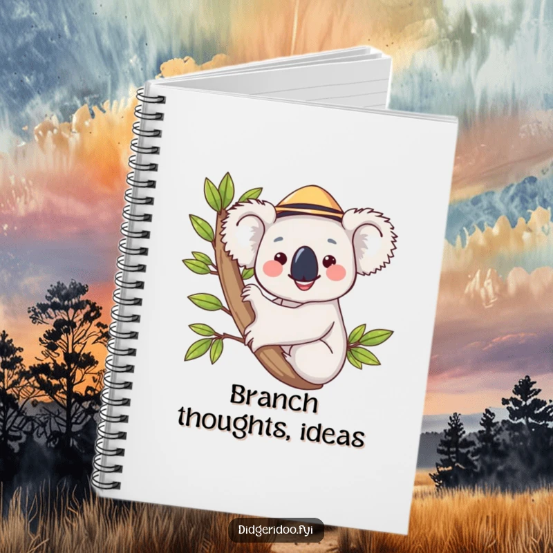 Funny koala wearing a hat, hugging a eucalyptus branch on a notebook, inspiring creativity with a humorous and charming design.