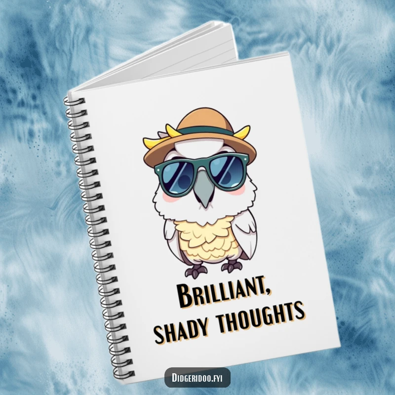 Funny cheerful cockatoo wearing sunglasses and an Akubra hat, on a notebook cover for cool note-taking.