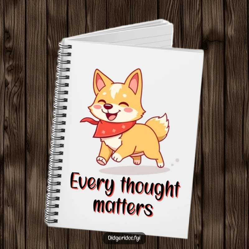 Funny dingo notebook with a bandana, showing a dingo chasing a shadow, perfect for jotting down playful thoughts.