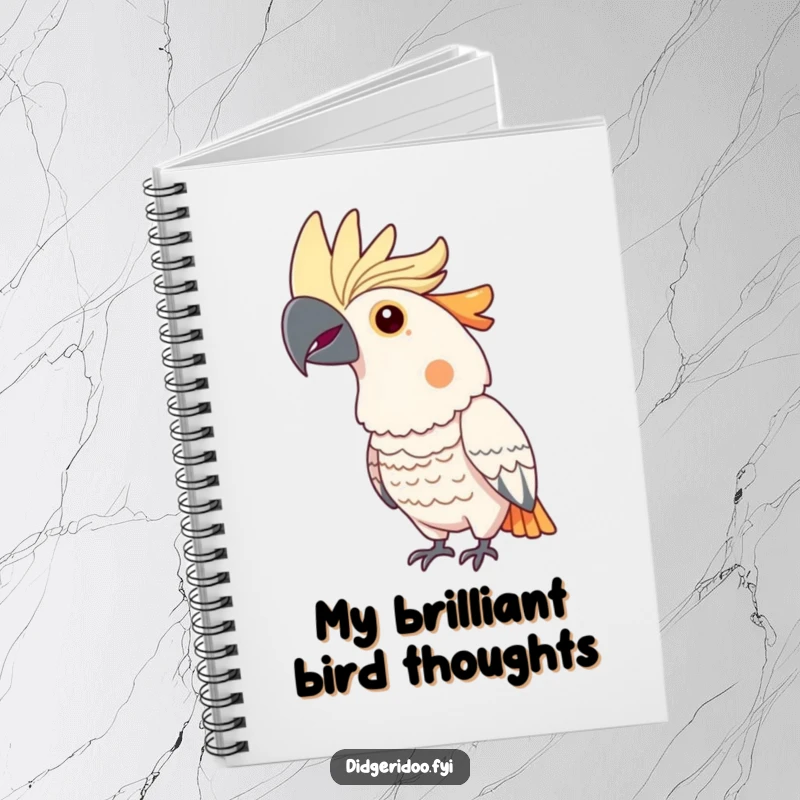 Funny cockatoo notebook design featuring a proud bird with a bright crest, puffing its chest, ready to capture your brilliant ideas.