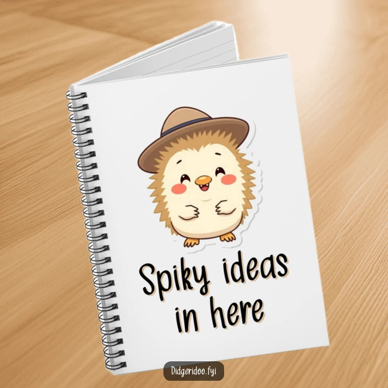 Funny, cheerful echidna character wearing a tiny Akubra hat, featured on the cover of a notebook for writing and sketching.