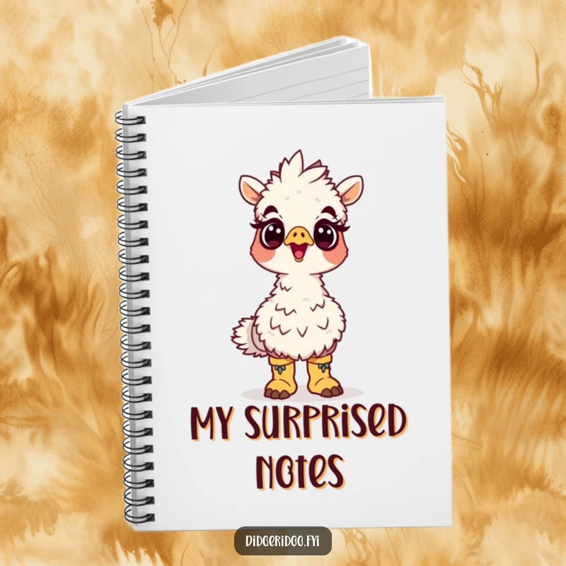 Funny emu boots notebook with a surprised cartoon emu wearing tiny boots looking up, perfect for jotting notes with humor.