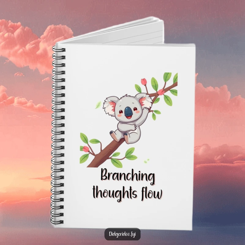 Funny koala notebook with a playful character joyfully dangling from a eucalyptus branch, perfect for notes with a touch of Aussie calm.