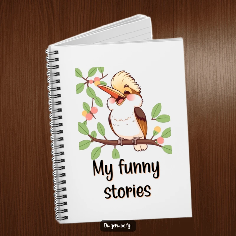 Funny Kookaburra Notebook: a jubilant kookaburra laughs heartily from a eucalyptus branch, ideal for jotting notes with infectious humor.