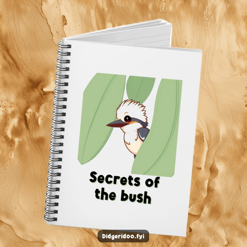 Funny kookaburra notebook, curious bird peeking from eucalyptus leaf, humorous journal, creative writing gift for bird fans.